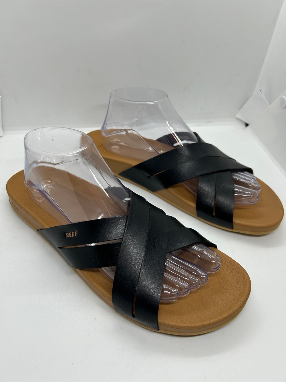 Reef Women's Black Crisscross Strap Slide Sandals with Tan Footbed Size 11 US